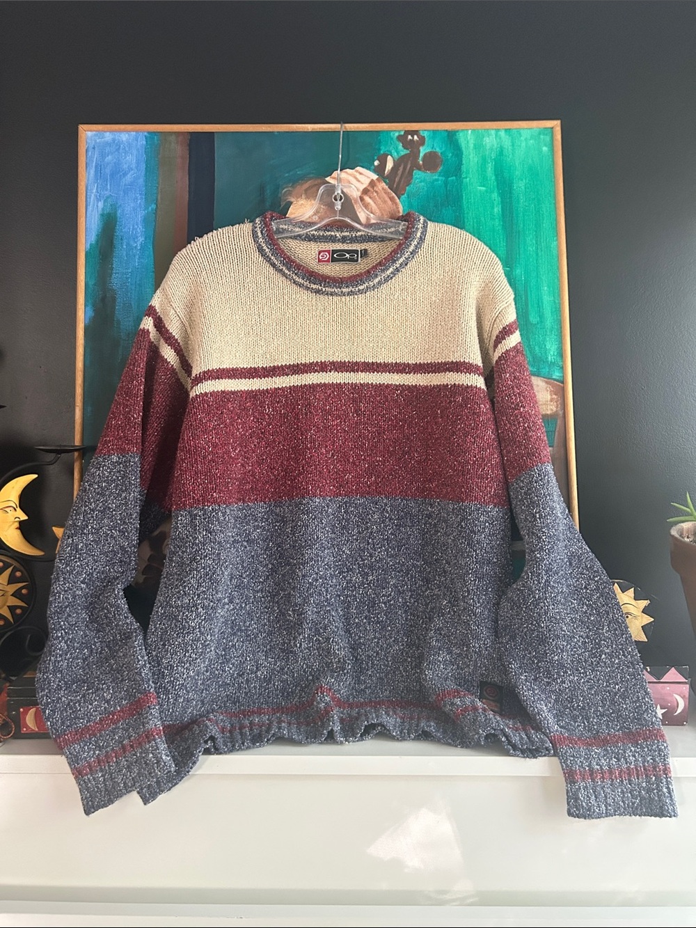 OP Men’s Colorblock Crewneck Sweater in Cream, Maroon & Gray Large